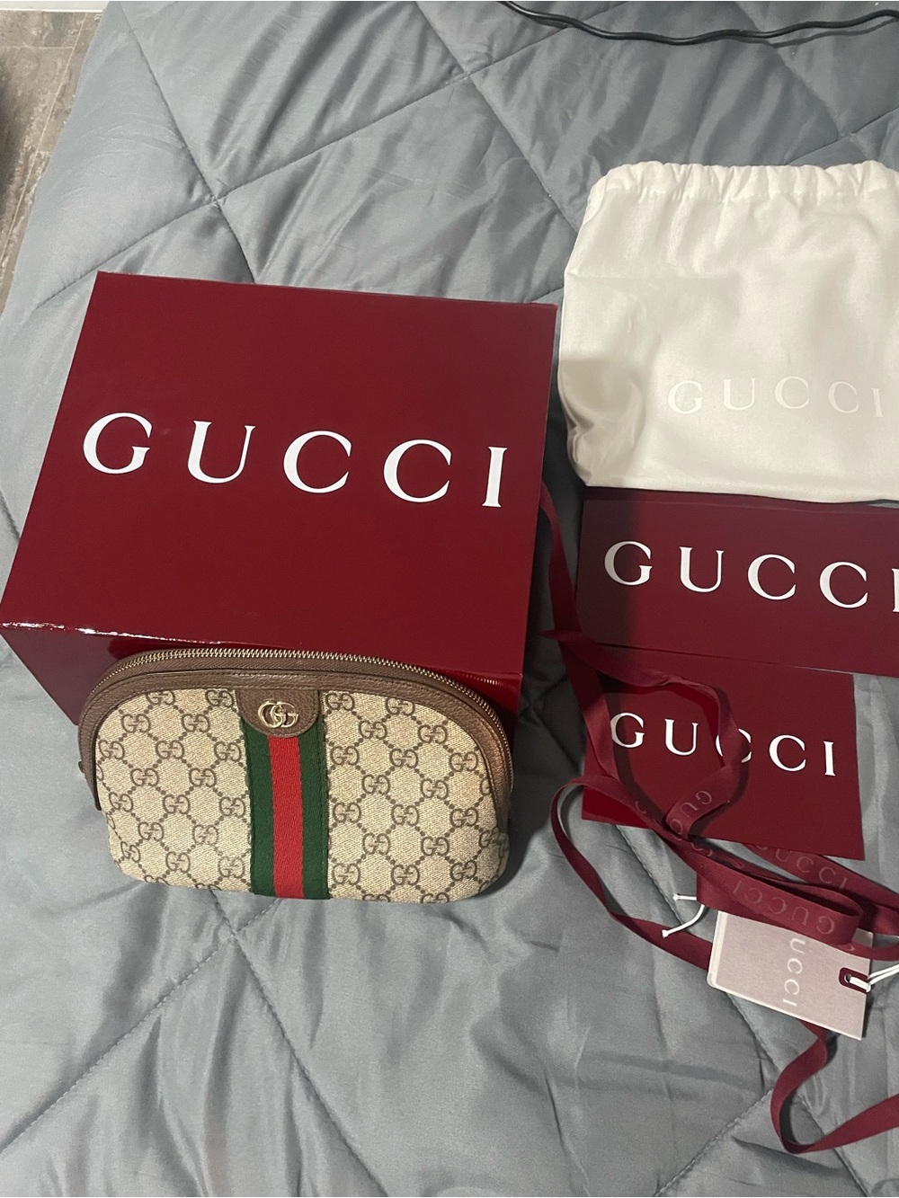 Gucci Beige/Brown GG Canvas Mini Cosmetic Bag with Green-Red Stripe